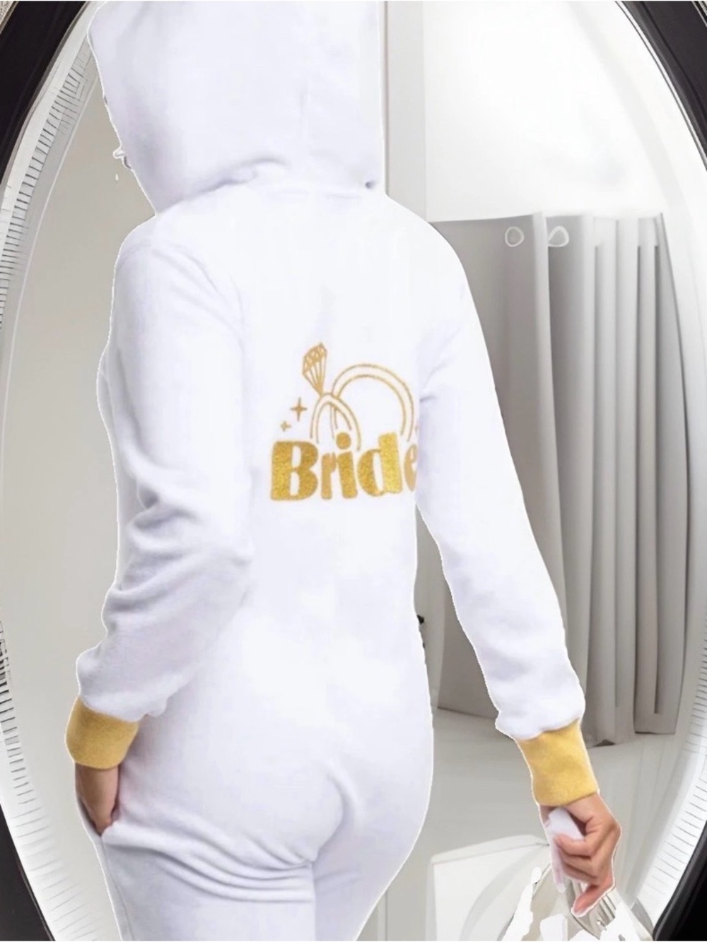 NEW Bachelorette BRIDE Cozy Tipsy Elves Golden Glitter Bridal Jumpsuit XS or Lrg - Picture 2 of 7